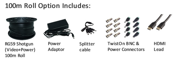 100m roll of RG59 coax cable to cut with accessories